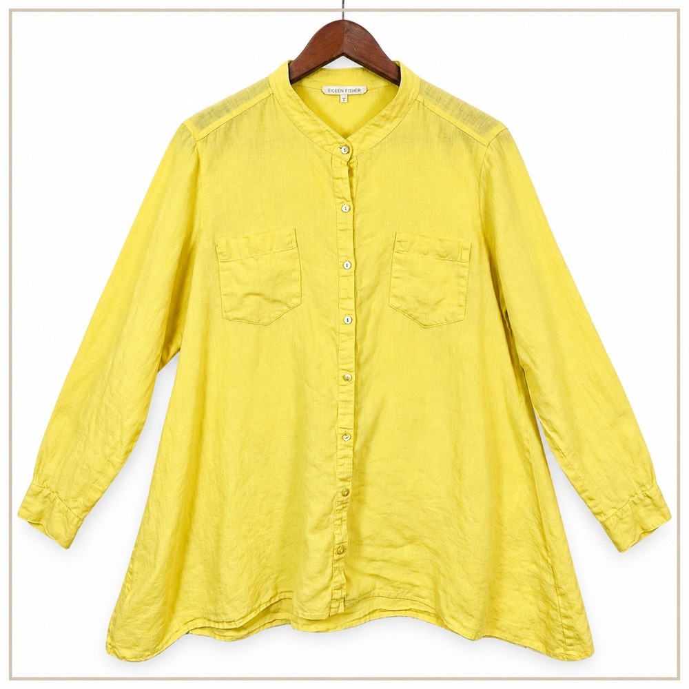 Eileen Fisher Organic Irish Linen Shirt Womens XS Yellow Mandarin Collar Button
